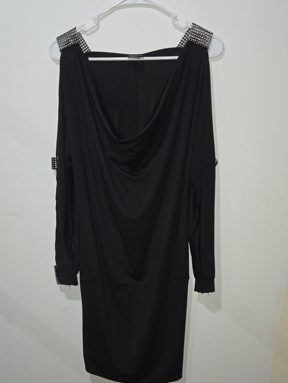 Dots Black Long-Sleeve Draped Cowl Neck Dress with Crystal-Embellished Shoulders